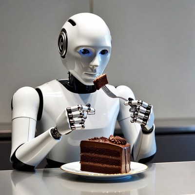 Robot eating chocolate cake