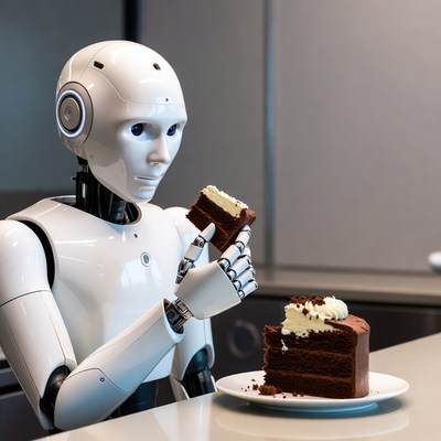 Robot eating chocolate cake