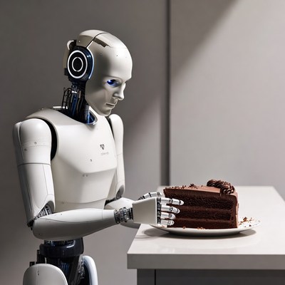 Robot holding chocolate cake slice