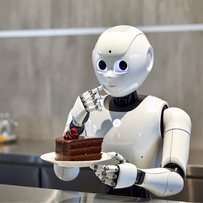 Robot holding chocolate cake