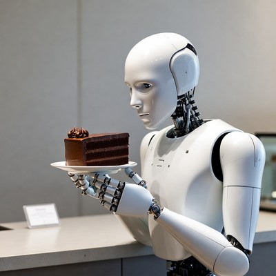 Robot holding chocolate cake slice