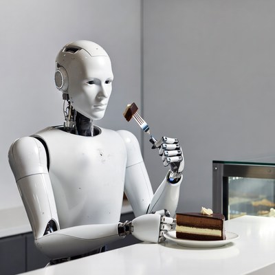Robot eating chocolate cake