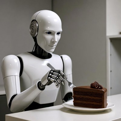 Robot eating chocolate cake