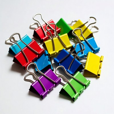Colorful binder clips on white background