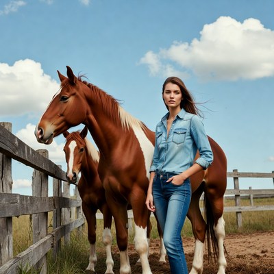 Woman standing with horses by fence