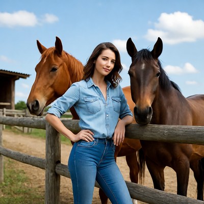 Woman standing with two horses
