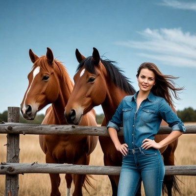 Woman with two horses by fence