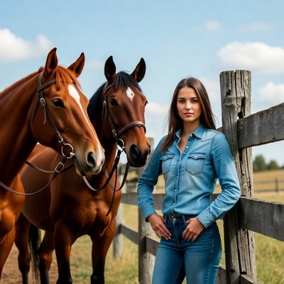Woman with two horses by fence
