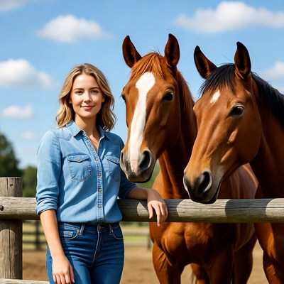 Woman with two horses at fence
