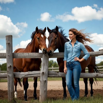Woman with two horses at fence