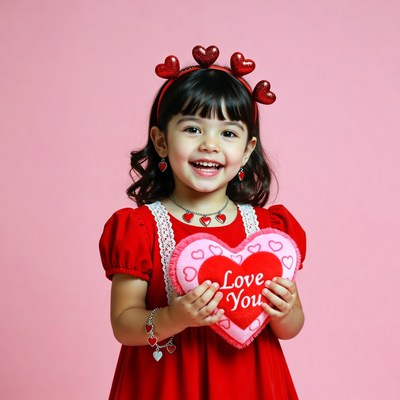 Girl holding I Love You heart plush