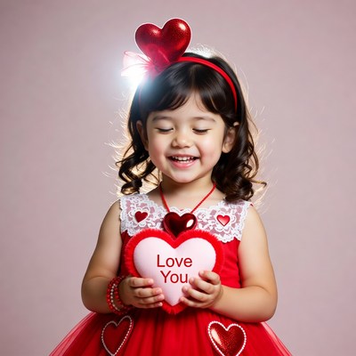 Asian girl holding Love You heart