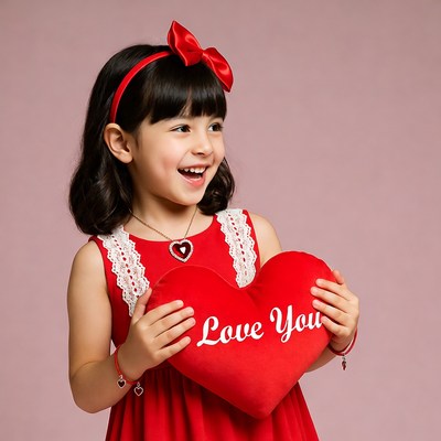Girl holding red heart pillow