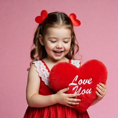 Girl holding red love heart plush