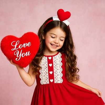 Girl holding Love You heart pillow