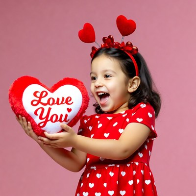 Girl holding love you heart pillow