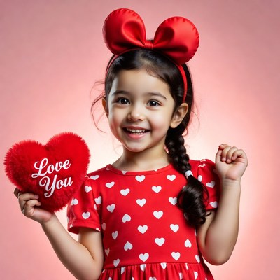 Girl holding Love You heart with bow