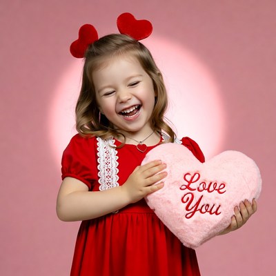 Girl holding pink Love You heart