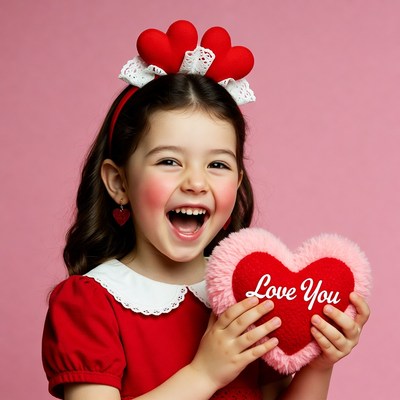 Girl holding love you heart plush
