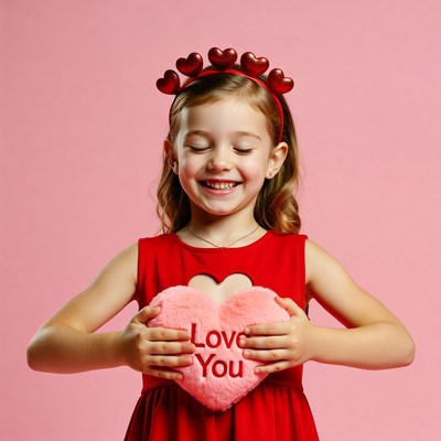 Girl hugging heart plush with LOVE YOU