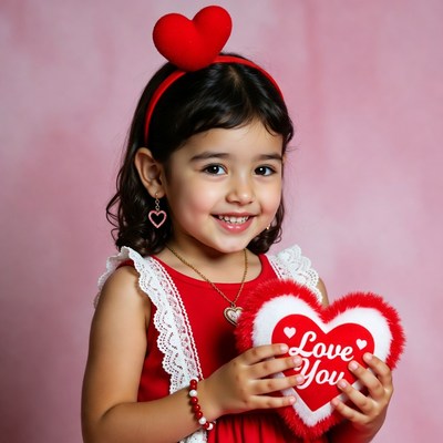 Girl holding love you heart plush