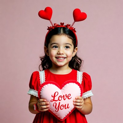 Girl holding love you heart pillow