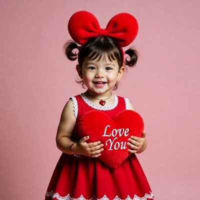 Asian girl holding Love You heart