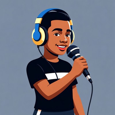 Boy singing with headphones and microphone