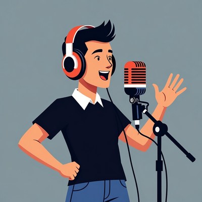 Cartoon man singing with headphones and microphone