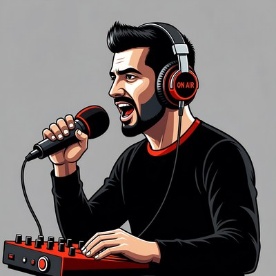 Man DJing with headphones and microphone