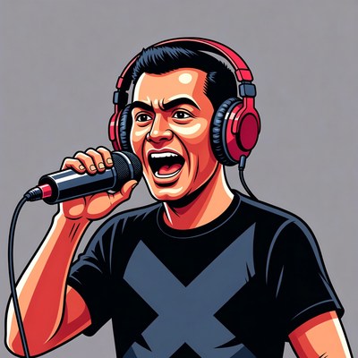 Man singing with red headphones