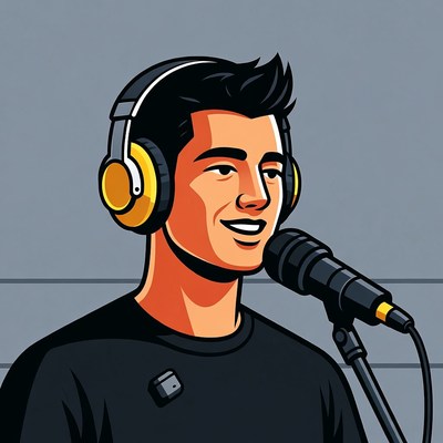 Man speaking into microphone with headphones