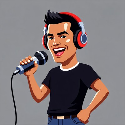 Cartoon man singing with headphones