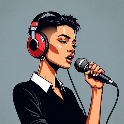 Woman singing with headphones and microphone