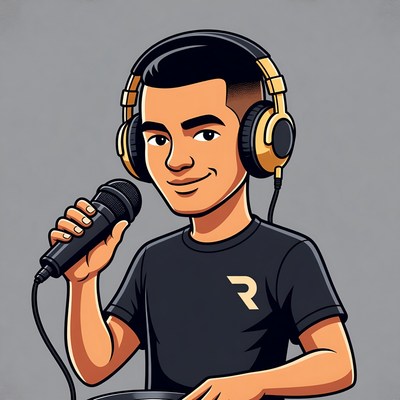 Cartoon man DJ with headphones and microphone
