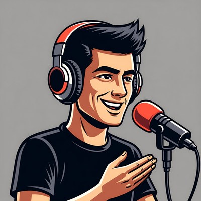 Cartoon man podcasting with headphones