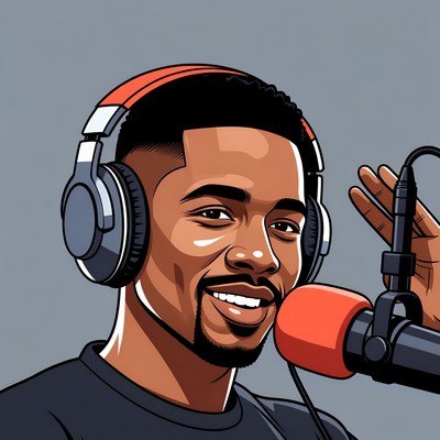 African-American man podcasting with headphones