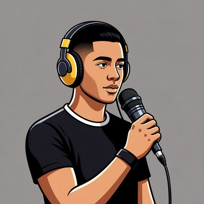 Young man with headphones holding microphone