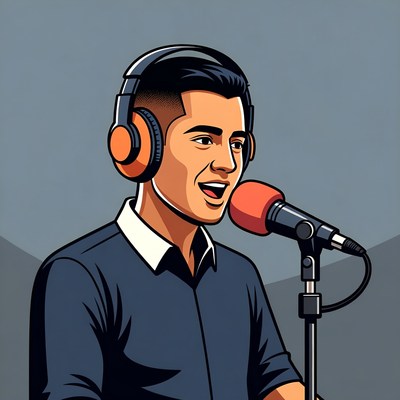 Man singing into microphone with headphones