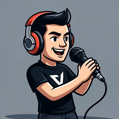 Cartoon Asian man singing with headphones