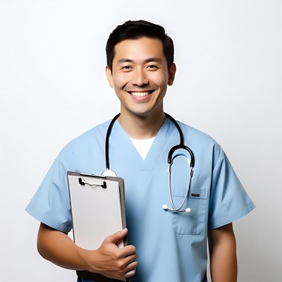 Asian male doctor holding clipboard