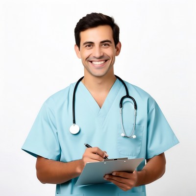 Smiling male doctor holding clipboard