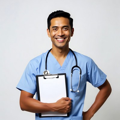 Asian male nurse holding clipboard