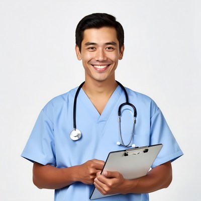 Asian male doctor holding clipboard