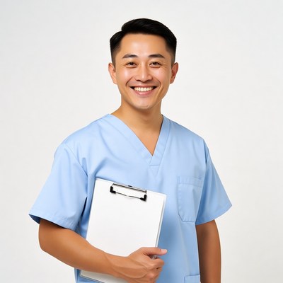 Asian male nurse holding clipboard