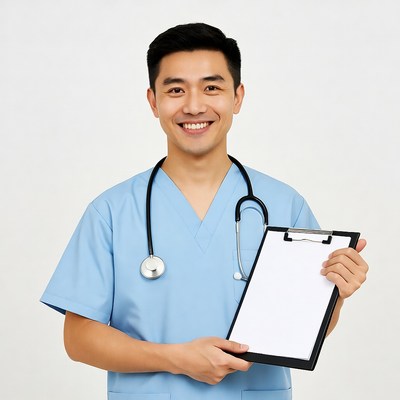 Asian male doctor holding clipboard