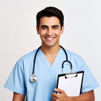 Smiling male doctor holding clipboard