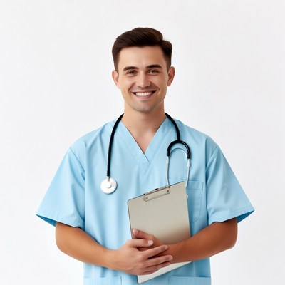 Smiling male nurse holding clipboard