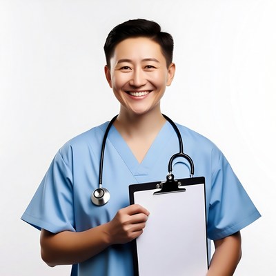 Asian nurse holding clipboard