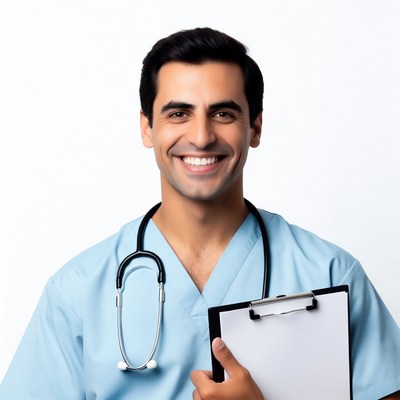 Smiling male doctor holding clipboard